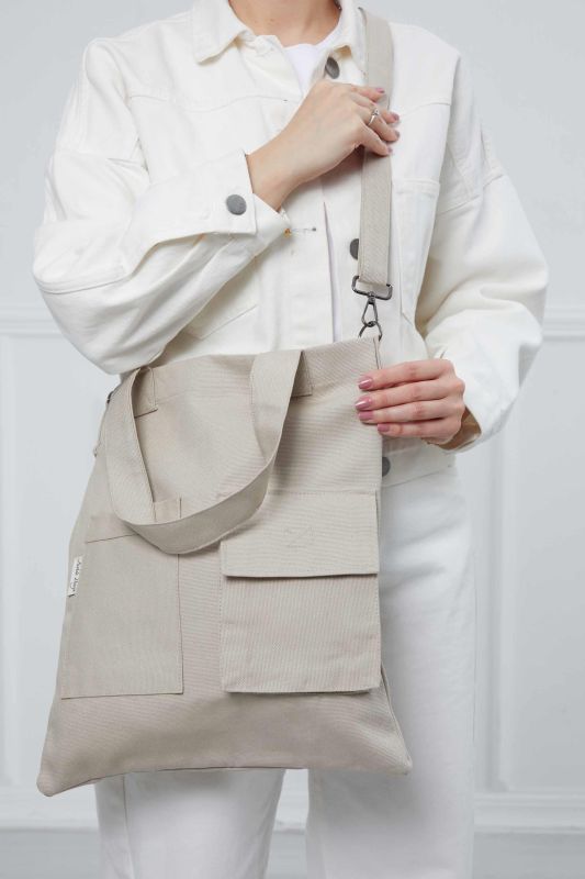 Shoulder Bag with Strap Pocket Detail, CK-20 Stone - 2
