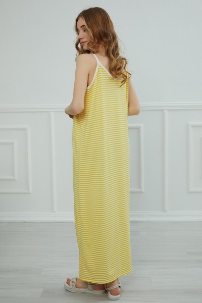 Askılı Uzun Çizigili Elbise,ELB-6C Sarı Çizgili - Thumbnail