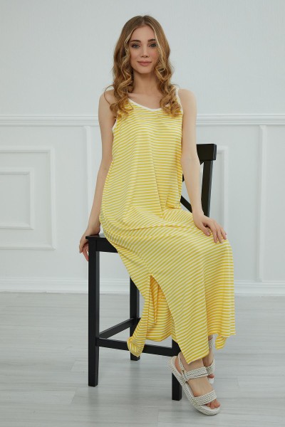 Askılı Uzun Çizigili Elbise,ELB-6C Sarı Çizgili - Thumbnail