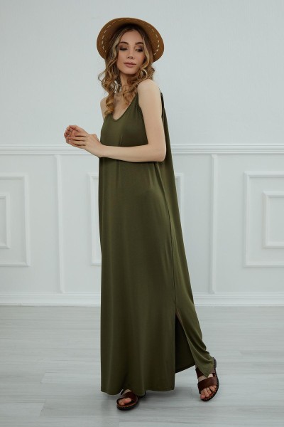 Moda Çizgi - Askılı Uzun Elbise,ELB-6 Haki Yeşili