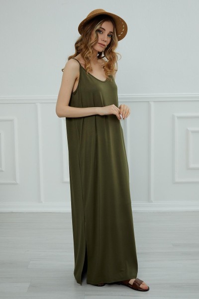 Askılı Uzun Elbise,ELB-6 Haki Yeşili - Thumbnail