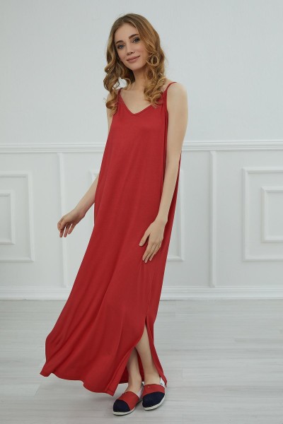 Moda Çizgi - Askılı Uzun Elbise,ELB-6 Kırmızı