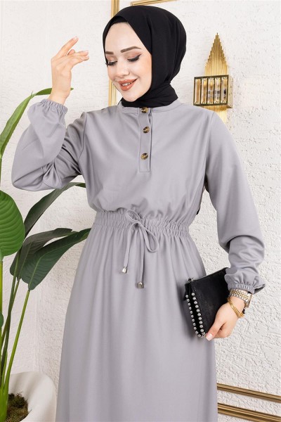 Bade Büzgülü Elbise GRİ - Thumbnail