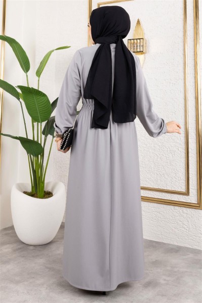 Bade Büzgülü Elbise GRİ - Thumbnail