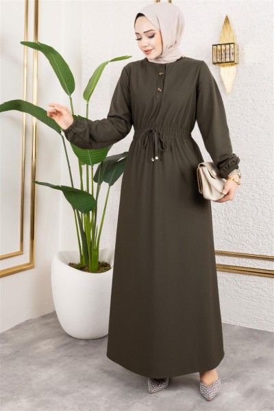 Bade Büzgülü Elbise HAKİ - Thumbnail