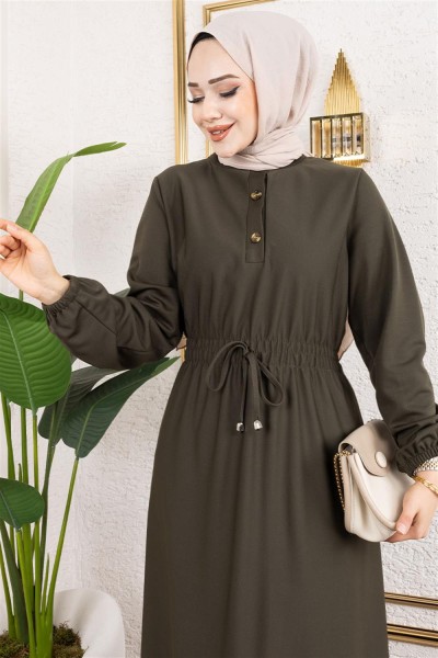 Bade Büzgülü Elbise HAKİ - Thumbnail