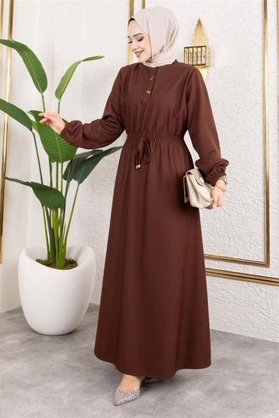 Bade Büzgülü Elbise KAHVERENGİ - Thumbnail