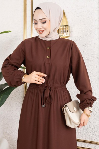 Bade Büzgülü Elbise KAHVERENGİ - Thumbnail