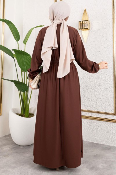 Bade Büzgülü Elbise KAHVERENGİ - Thumbnail