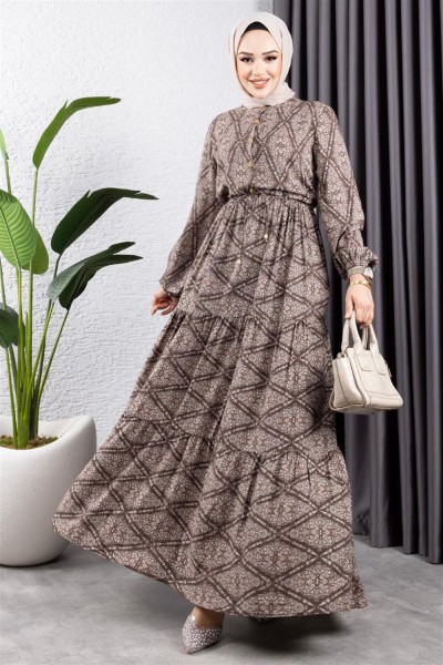 SGS - Bağcıklı Desenli Viskon Elbise KAHVERENGİ