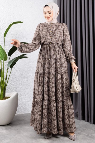 Bağcıklı Desenli Viskon Elbise KAHVERENGİ - Thumbnail