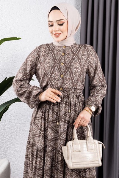 Bağcıklı Desenli Viskon Elbise KAHVERENGİ - Thumbnail