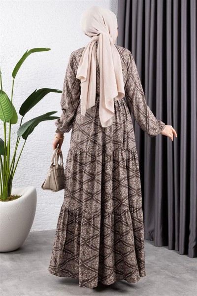 Bağcıklı Desenli Viskon Elbise KAHVERENGİ - Thumbnail