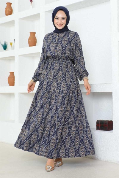 SGS - Bağcıklı Desenli Viskon Elbise LACİVERT