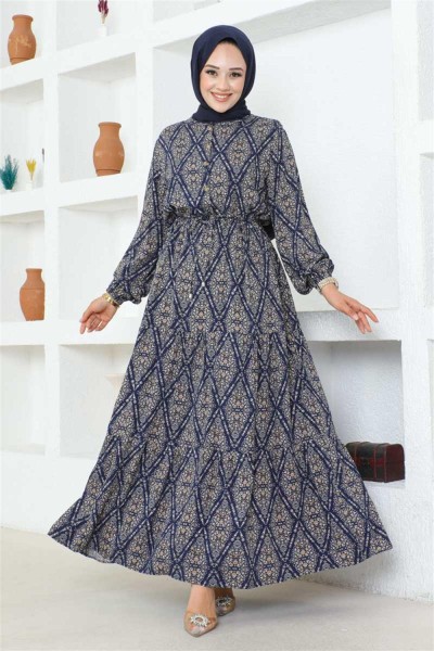 Bağcıklı Desenli Viskon Elbise LACİVERT - Thumbnail