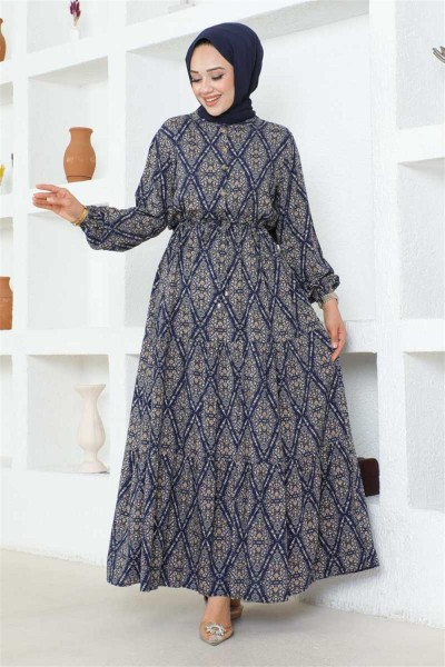 Bağcıklı Desenli Viskon Elbise LACİVERT - Thumbnail