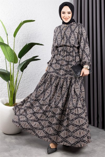 Bağcıklı Desenli Viskon Elbise SİYAH - Thumbnail