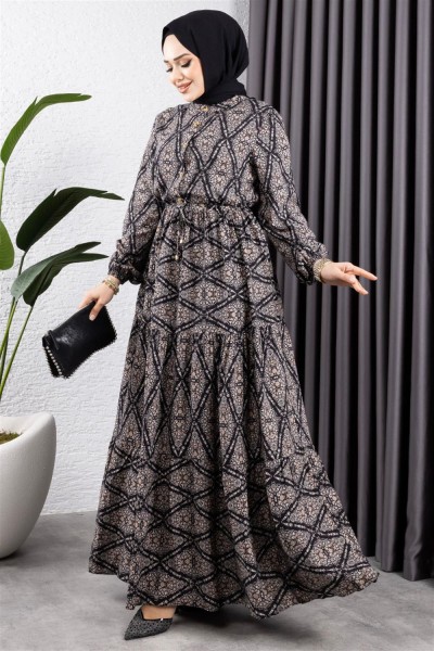 Bağcıklı Desenli Viskon Elbise SİYAH - Thumbnail