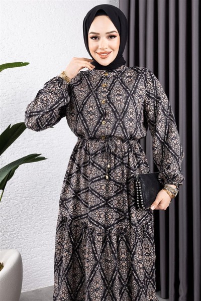 Bağcıklı Desenli Viskon Elbise SİYAH - Thumbnail