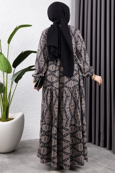 Bağcıklı Desenli Viskon Elbise SİYAH - Thumbnail