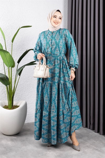 SGS - Bağcıklı Desenli Viskon Elbise YEŞİL