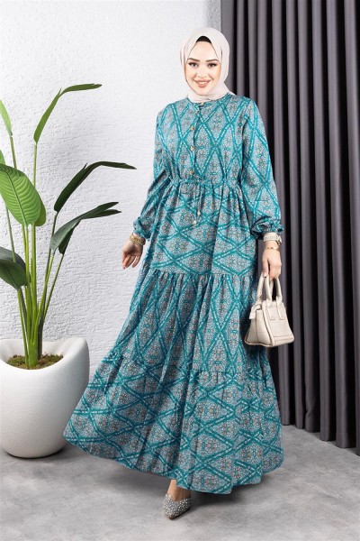 Bağcıklı Desenli Viskon Elbise YEŞİL - Thumbnail