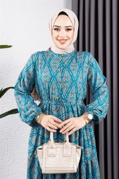 Bağcıklı Desenli Viskon Elbise YEŞİL - Thumbnail