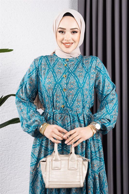 Bağcıklı Desenli Viskon Elbise YEŞİL - 3