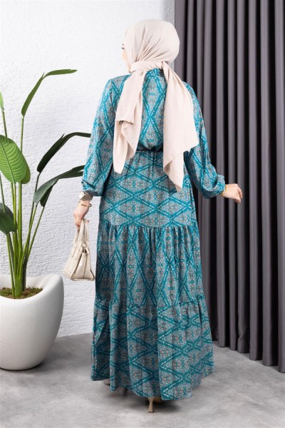 Bağcıklı Desenli Viskon Elbise YEŞİL - Thumbnail