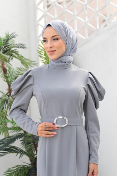 END - Balon Kol Elbise GRİ