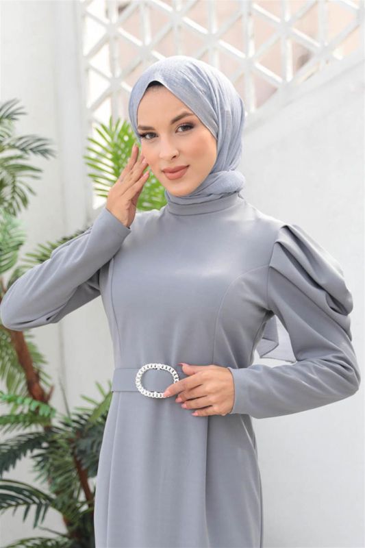 Balon Kol Elbise GRİ - 3