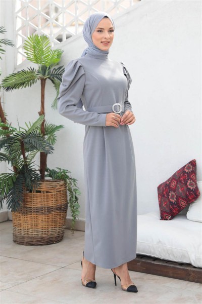 Balon Kol Elbise GRİ - Thumbnail