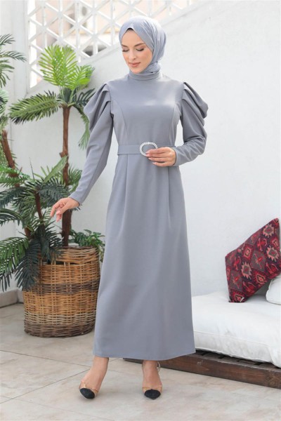 Balon Kol Elbise GRİ - Thumbnail