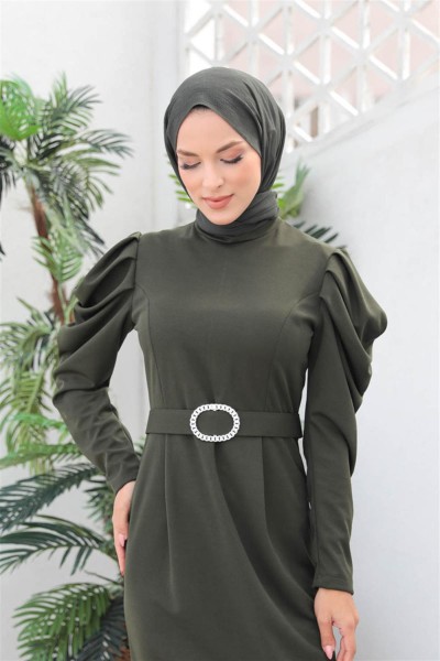 Balon Kol Elbise HAKİ - Thumbnail