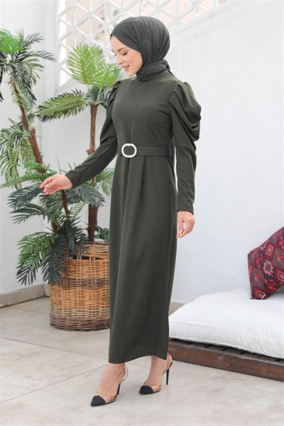 Balon Kol Elbise HAKİ - Thumbnail