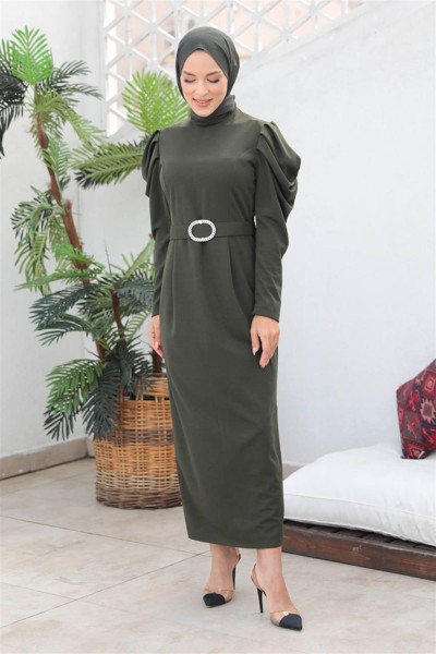 Balon Kol Elbise HAKİ - Thumbnail