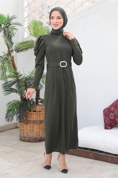 Balon Kol Elbise HAKİ - Thumbnail