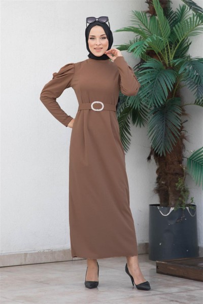 Balon Kol Elbise KAHVERENGİ - Thumbnail