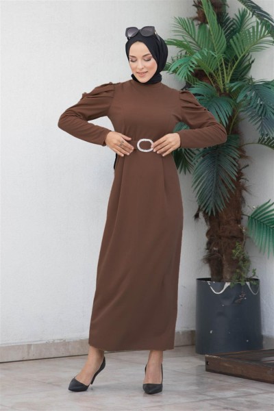 Balon Kol Elbise KAHVERENGİ - Thumbnail