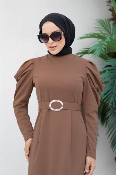 Balon Kol Elbise KAHVERENGİ - Thumbnail