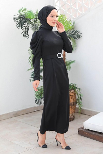 Balon Kol Elbise SİYAH - Thumbnail