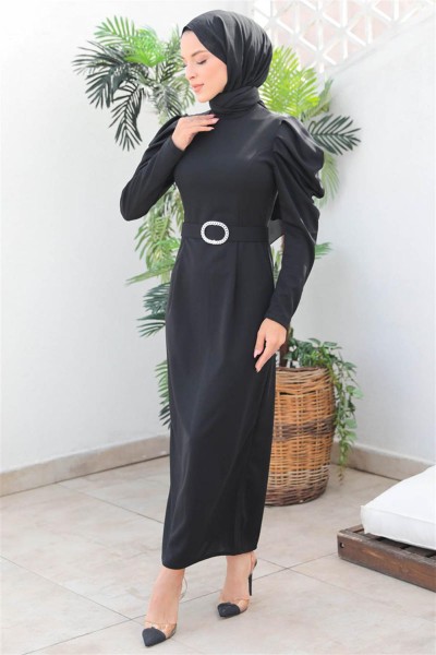 Balon Kol Elbise SİYAH - Thumbnail