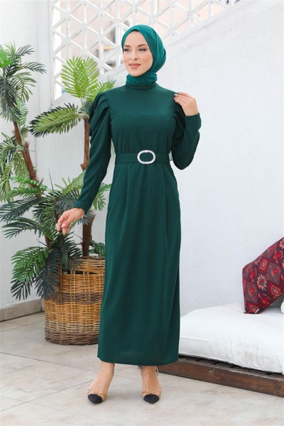 END - Balon Kol Elbise ZÜMRÜT YEŞİLİ