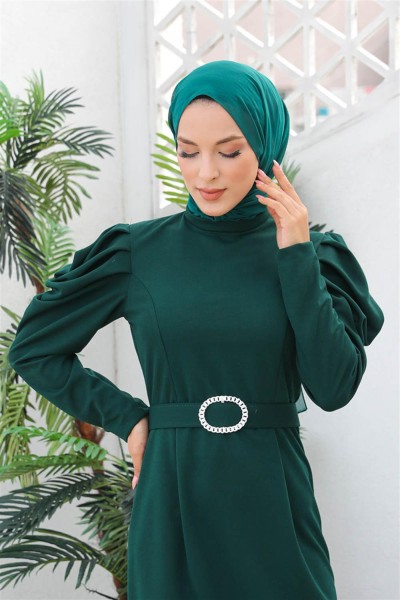 Balon Kol Elbise ZÜMRÜT YEŞİLİ - Thumbnail