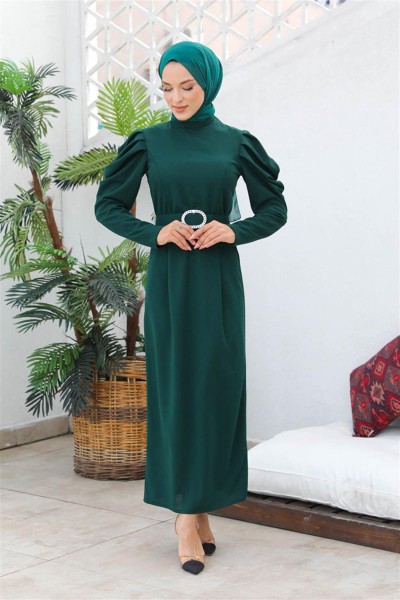 Balon Kol Elbise ZÜMRÜT YEŞİLİ - Thumbnail