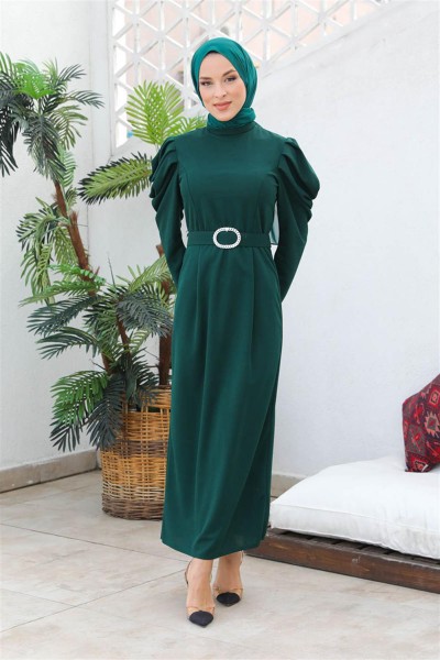 Balon Kol Elbise ZÜMRÜT YEŞİLİ - Thumbnail