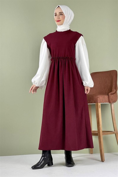 Moda Pinhan - Balon Kol Kadife Elbise Bordo