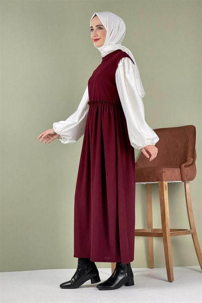 Balon Kol Kadife Elbise Bordo - Thumbnail