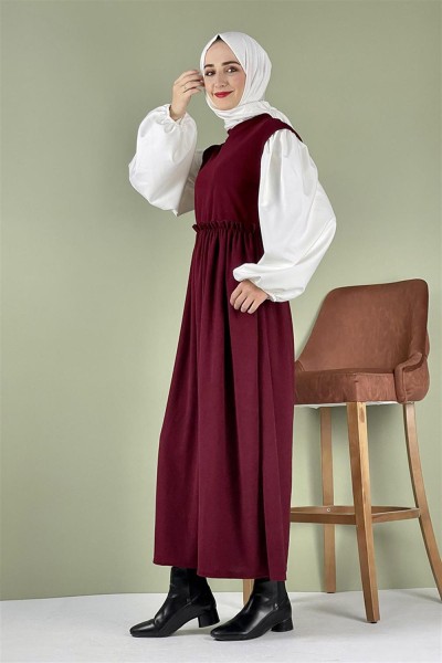 Balon Kol Kadife Elbise Bordo - Thumbnail