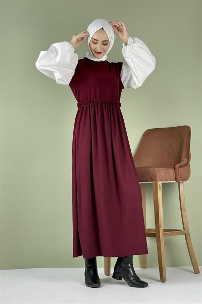 Balon Kol Kadife Elbise Bordo - Thumbnail